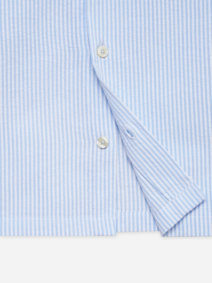 Sky Blue Seersucked Casual Cuban Collar Shirt - Junior