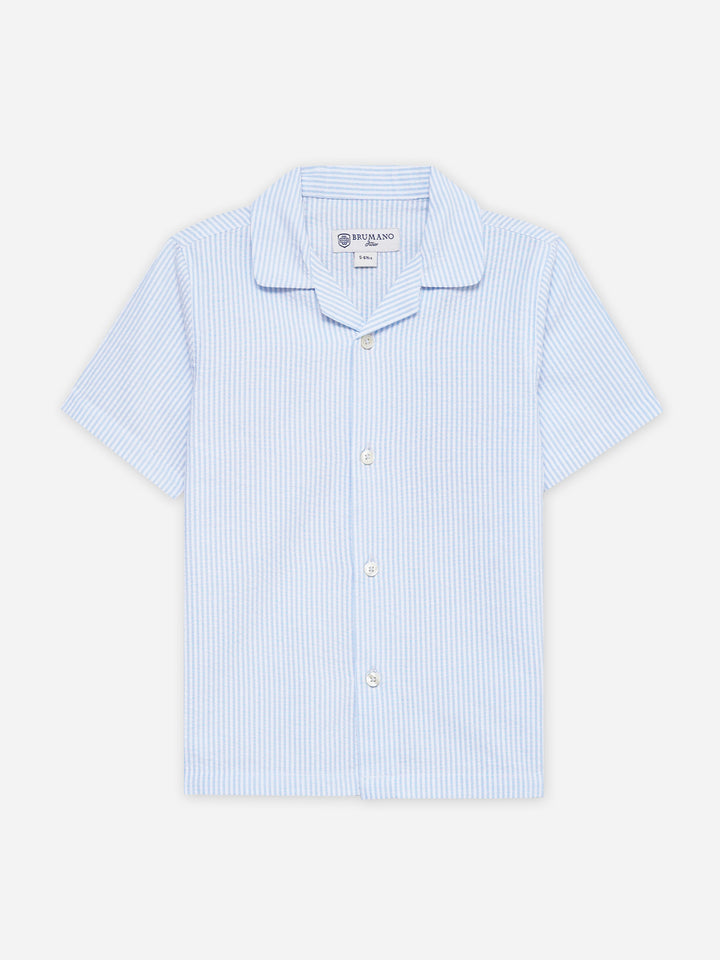 Sky Blue Seersucked Casual Cuban Collar Shirt - Junior