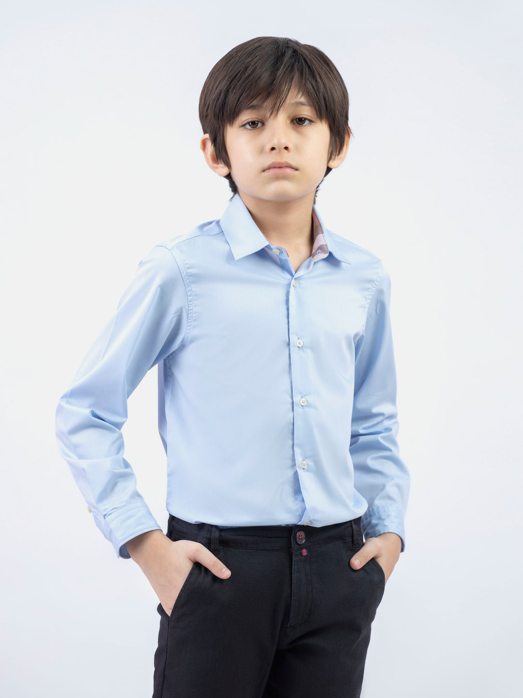 Sky blue formal satin shirt with collar detailing brumano pakistan