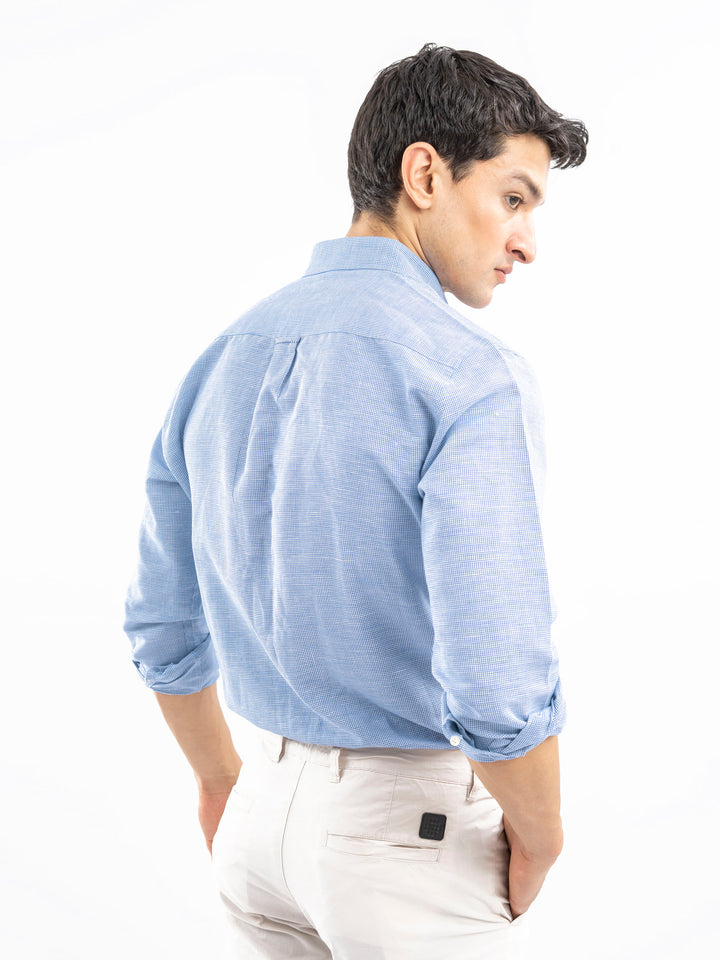 Sky Blue Houndstooth Patterned Linen Shirt