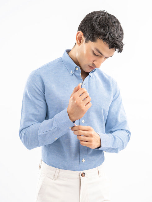 Sky Blue Houndstooth Patterned Linen Shirt