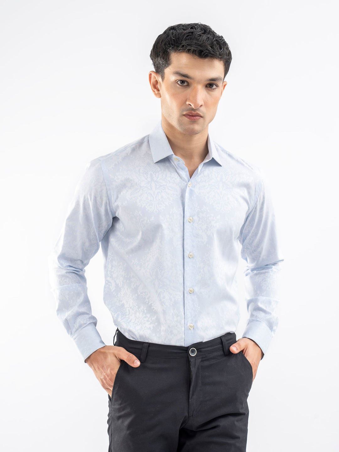 Sky Blue Jacquard Patterned Formal Shirt