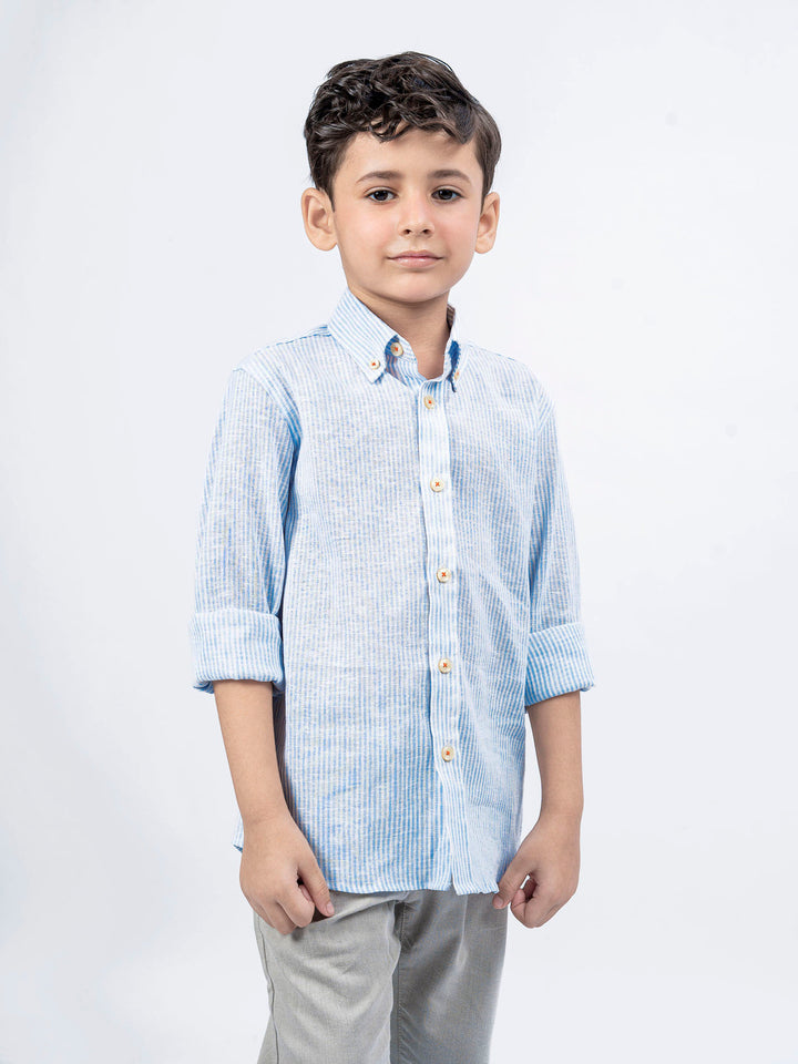 Sky Blue Linen Striped Button Down Shirt