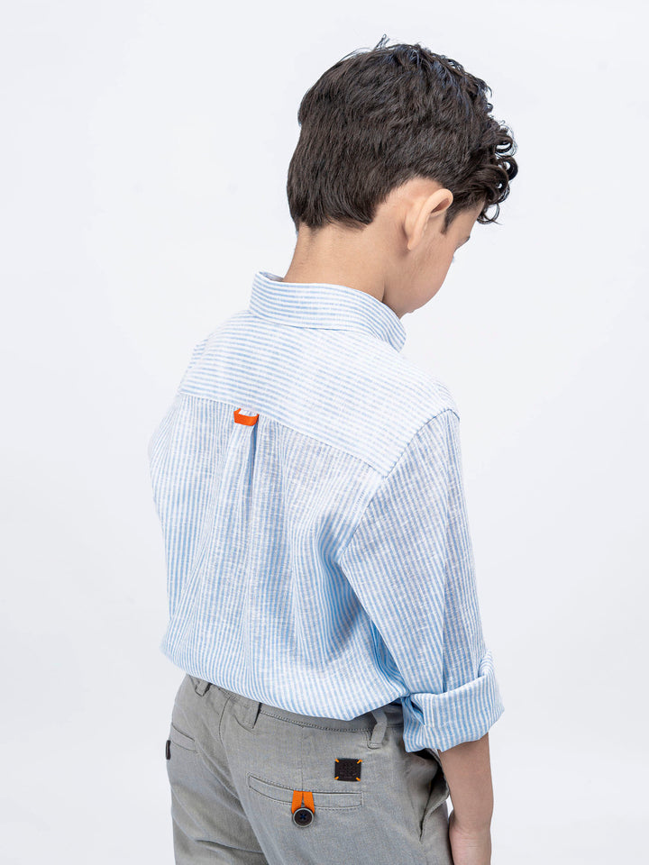 Sky Blue Linen Striped Button Down Shirt