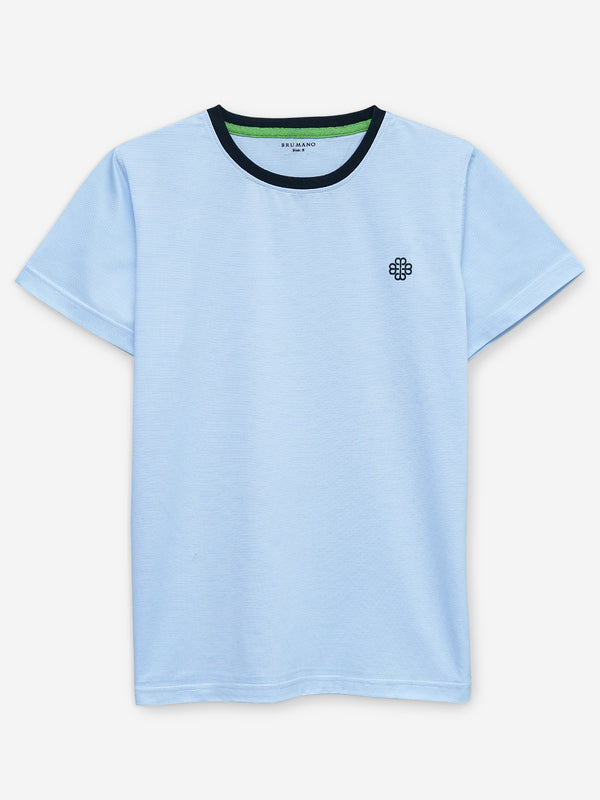 Sky Blue Striped Crew Neck T-Shirt With Contrasting Rib Brumano Pakistan