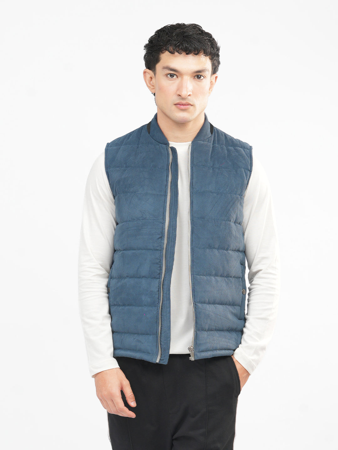 Men's slate blue suede gilet front view