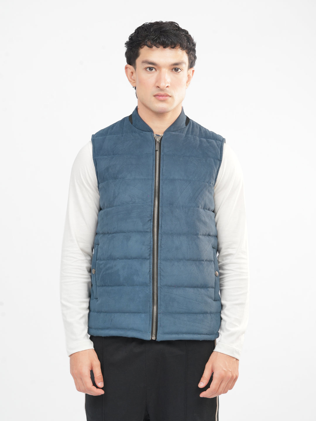 Men's slate blue suede gillet front view