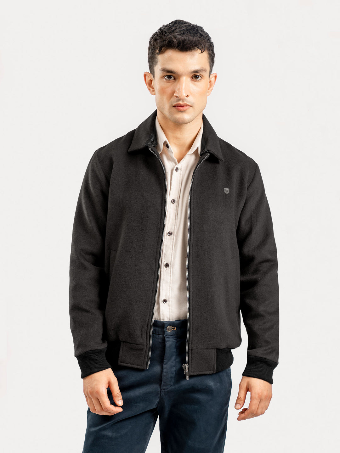 Slate Brown Wool Blended Jacket With Detachable Collar