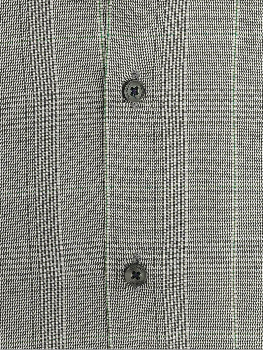 Button detail on smokey taupe plaid shirt collar