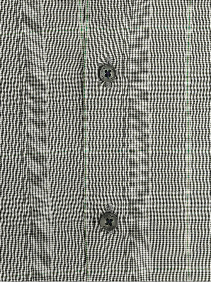 Button detail on smokey taupe plaid shirt collar