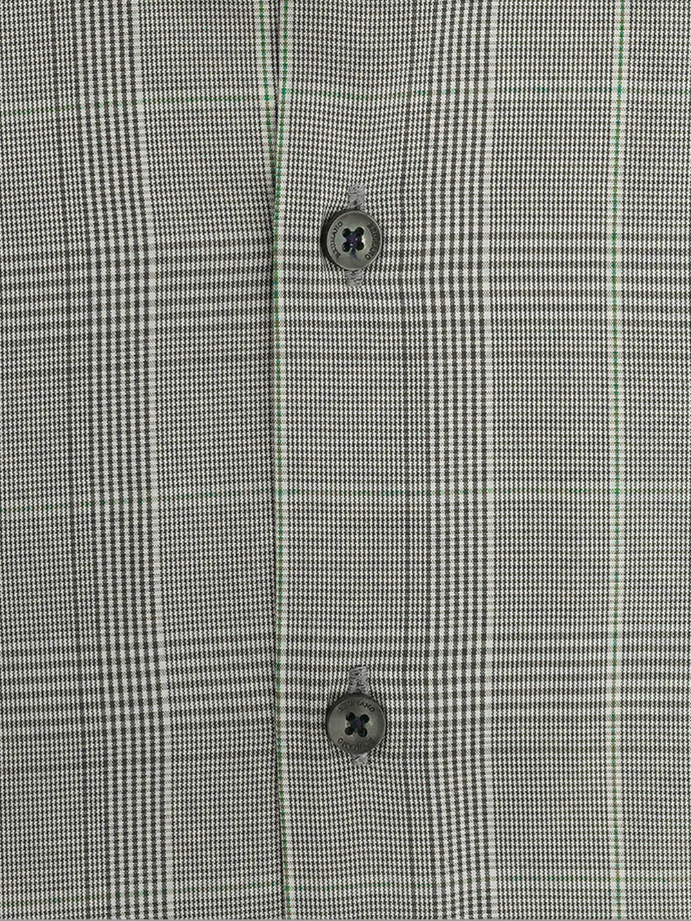 Button detail on smokey taupe plaid shirt collar