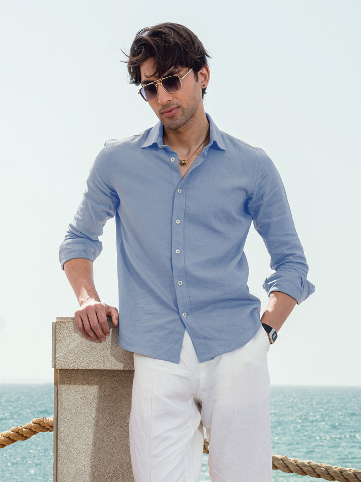 Steel Blue Linen Blended Shirt