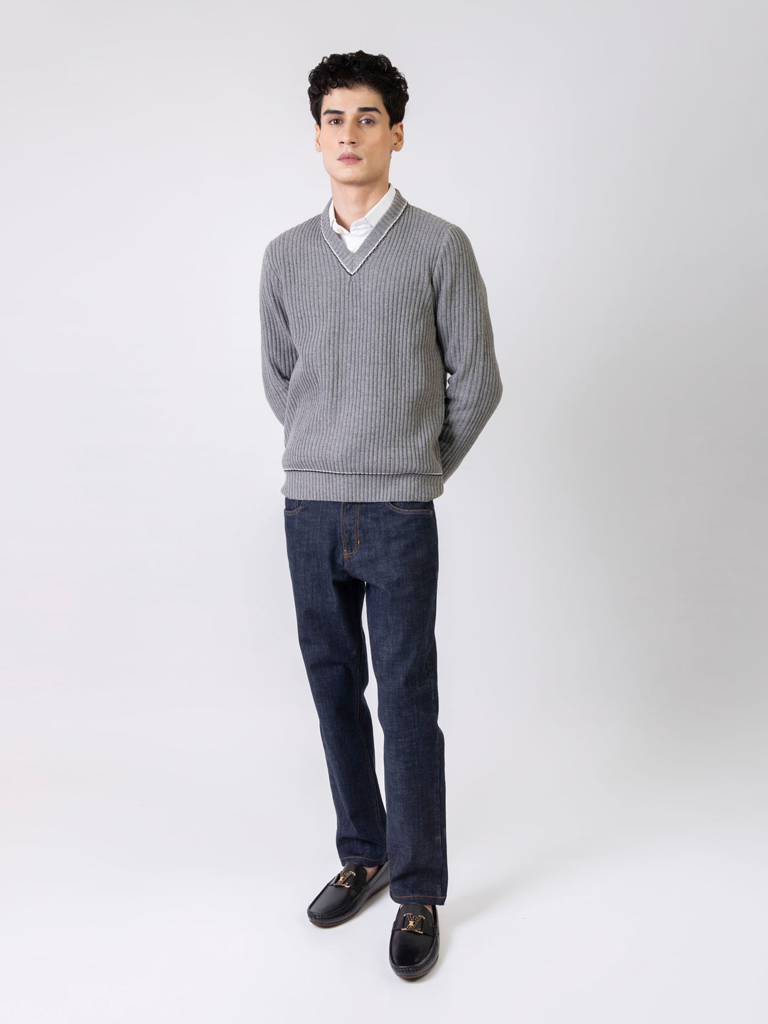 Steel Grey Chunky Knitted V-Neck Sweater