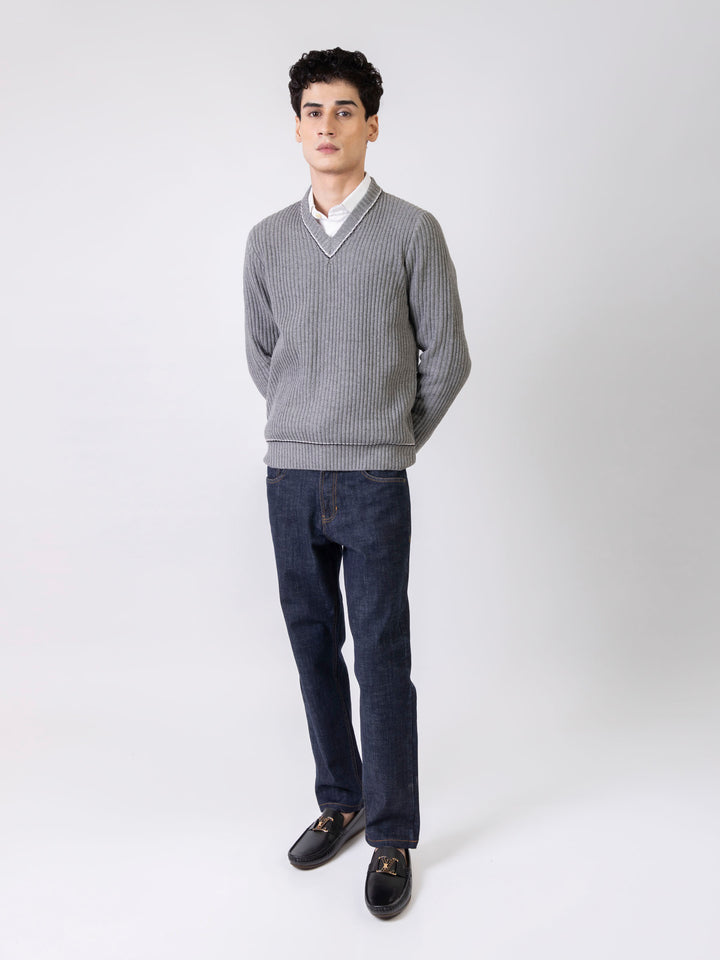 Steel Grey Chunky Knitted V-Neck Sweater