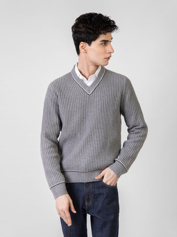 Steel Grey Chunky Knitted V-Neck Sweater