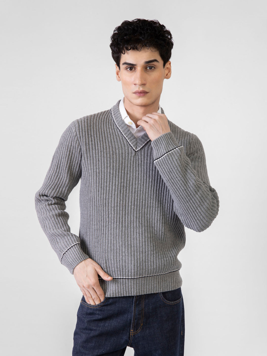 Steel Grey Chunky Knitted V-Neck Sweater