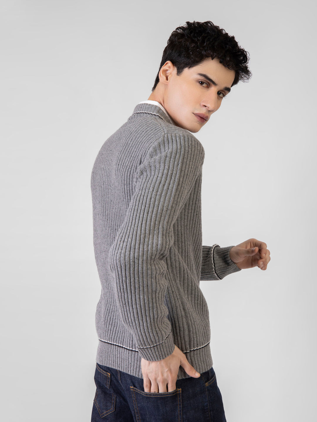 Steel Grey Chunky Knitted V-Neck Sweater