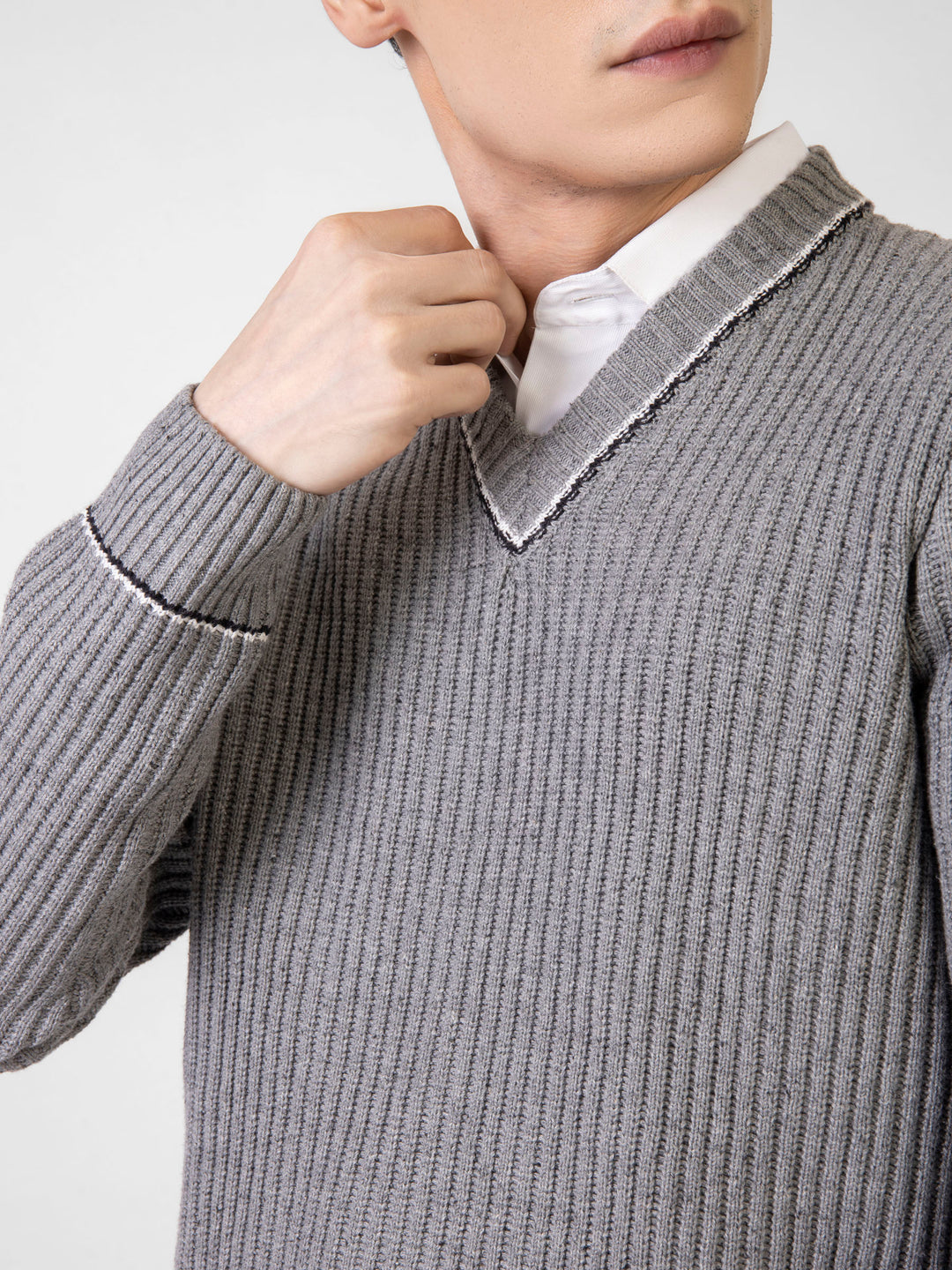 Steel Grey Chunky Knitted V-Neck Sweater