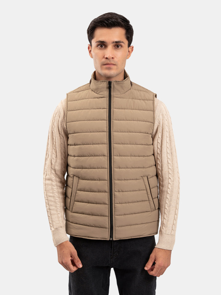 Tan Brown Sleeveless Puffer Jacket With Leather Detailing