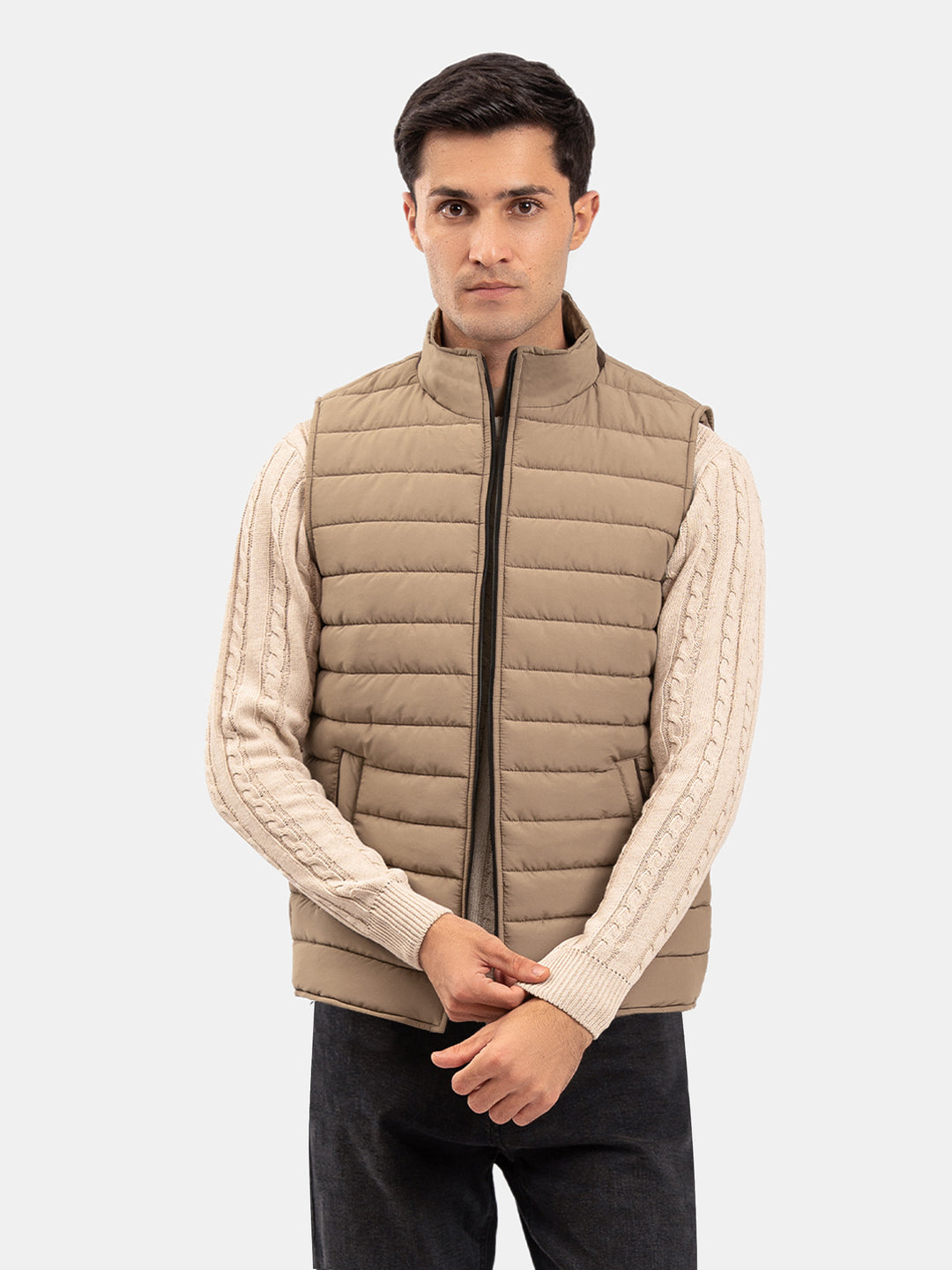 Tan Brown Sleeveless Puffer Jacket With Leather Detailing