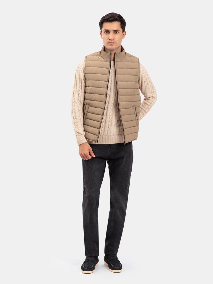 Tan Brown Sleeveless Puffer Jacket With Leather Detailing