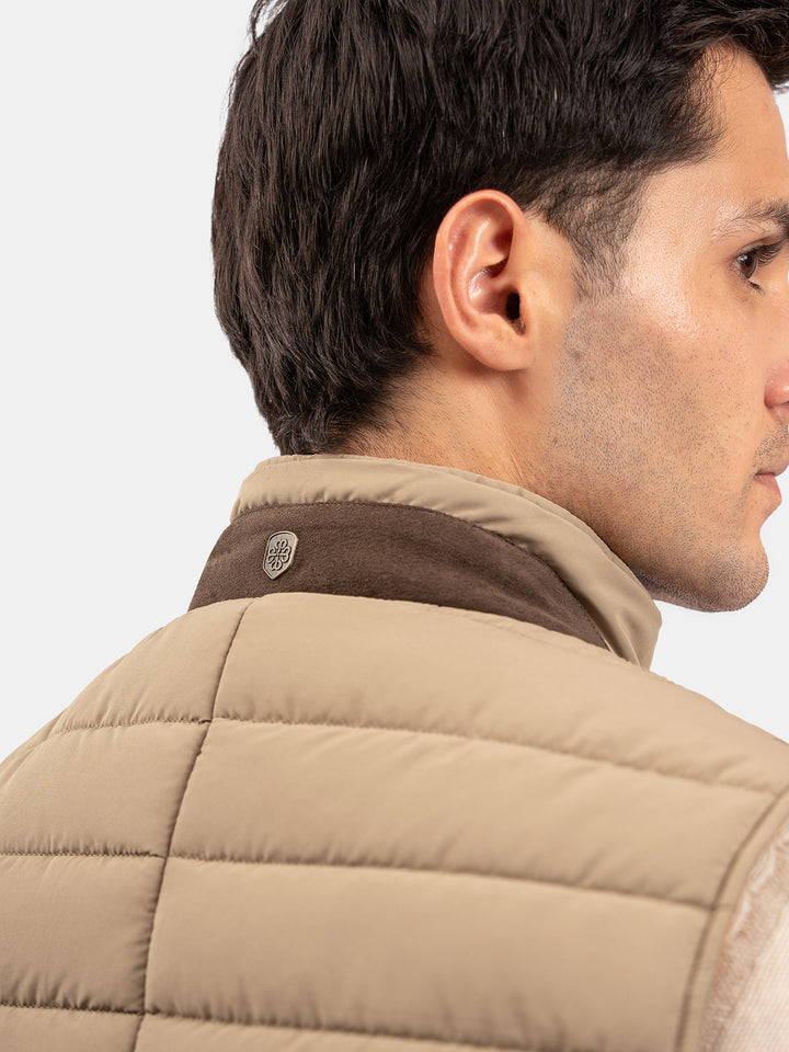 Tan Brown Sleeveless Puffer Jacket With Leather Detailing