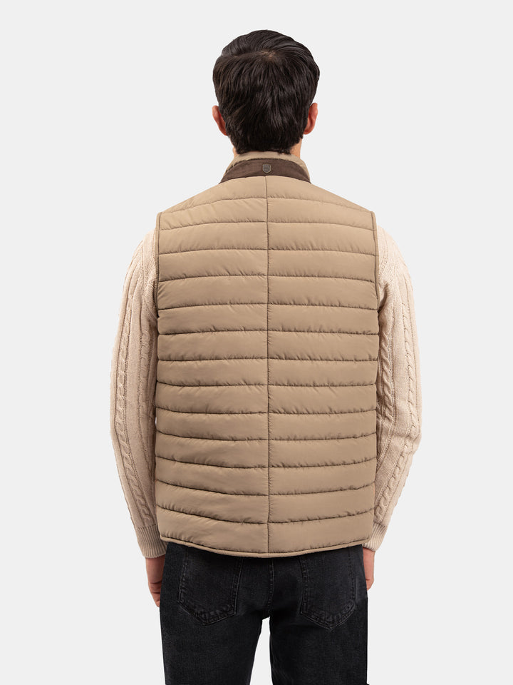 Tan Brown Sleeveless Puffer Jacket With Leather Detailing