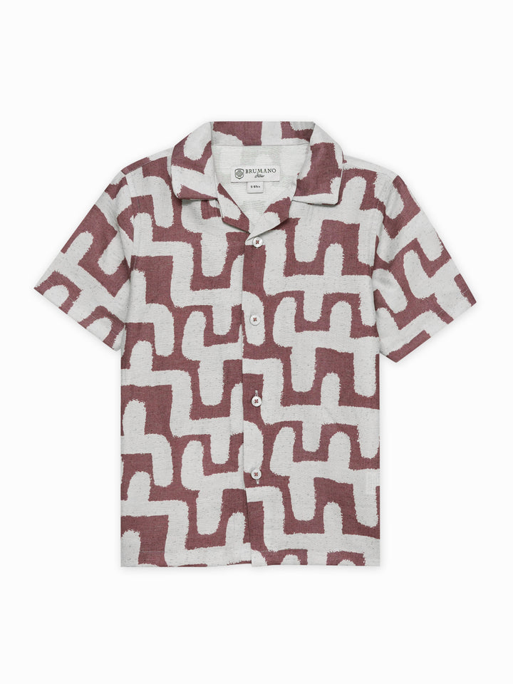Tea Pink & Beige Abstract Printed Cuban Collar Shirt - Junior