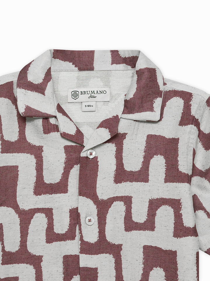 Tea Pink & Beige Abstract Printed Cuban Collar Shirt - Junior