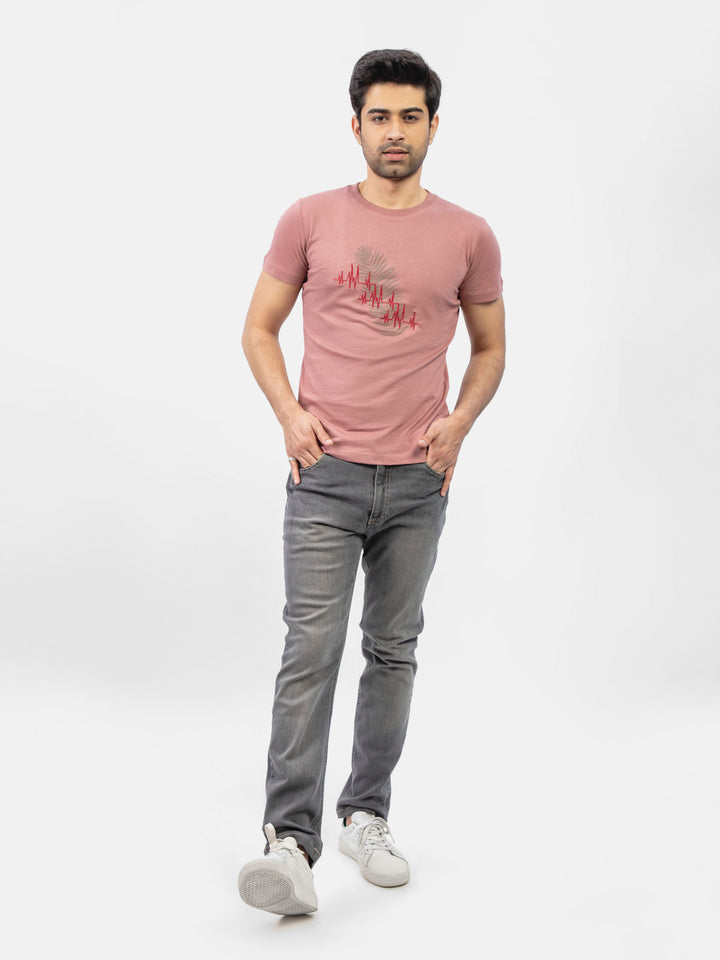 Tea Pink Crew Neck T-Shirt With Embroidered Print Brumano Pakistan