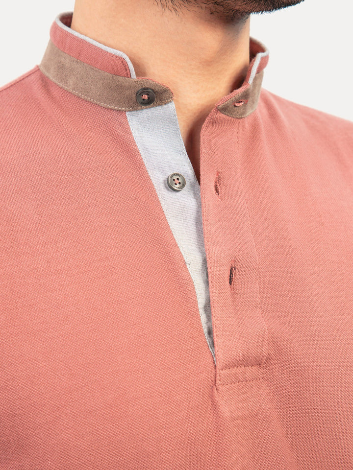 Tea Pink Mao Collar Polo Shirt With Detailing Brumano Pakistan