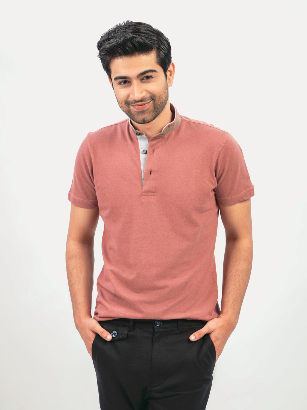 Tea pink mao collar polo shirt with detailing brumano pakistan