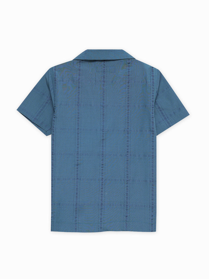 Teal Blue Seersucked Casual Cuban Collar Shirt - Junior