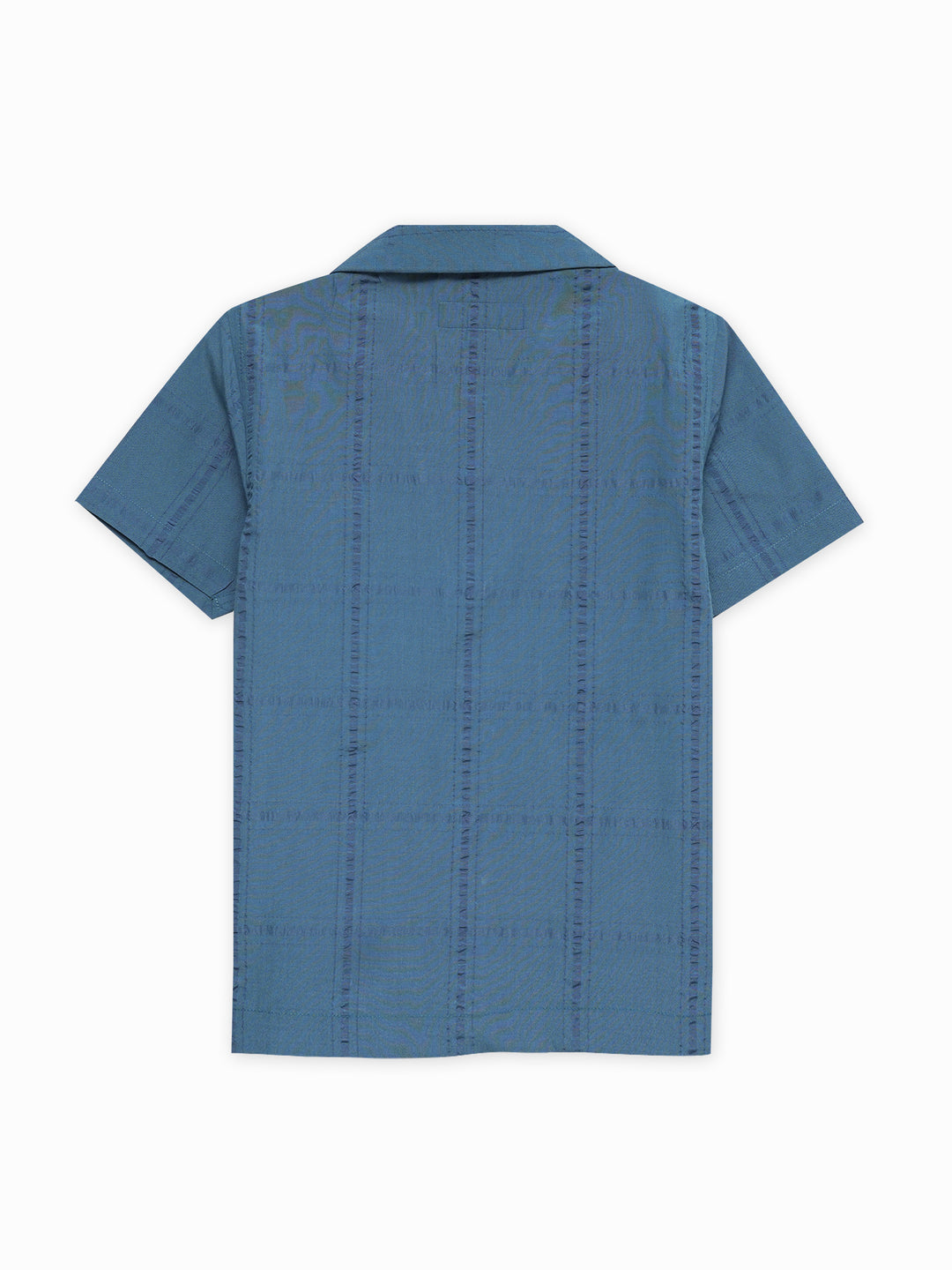Teal Blue Seersucked Casual Cuban Collar Shirt - Junior