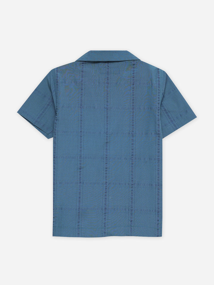 Teal Blue Seersucked Casual Cuban Collar Shirt - Junior