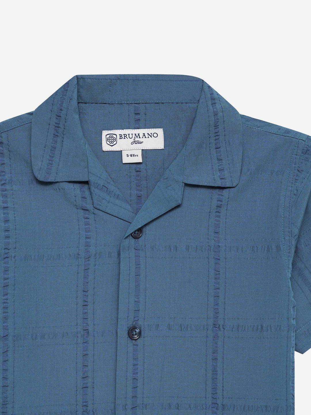 Teal Blue Seersucked Casual Cuban Collar Shirt - Junior