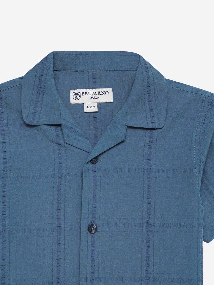Teal Blue Seersucked Casual Cuban Collar Shirt - Junior