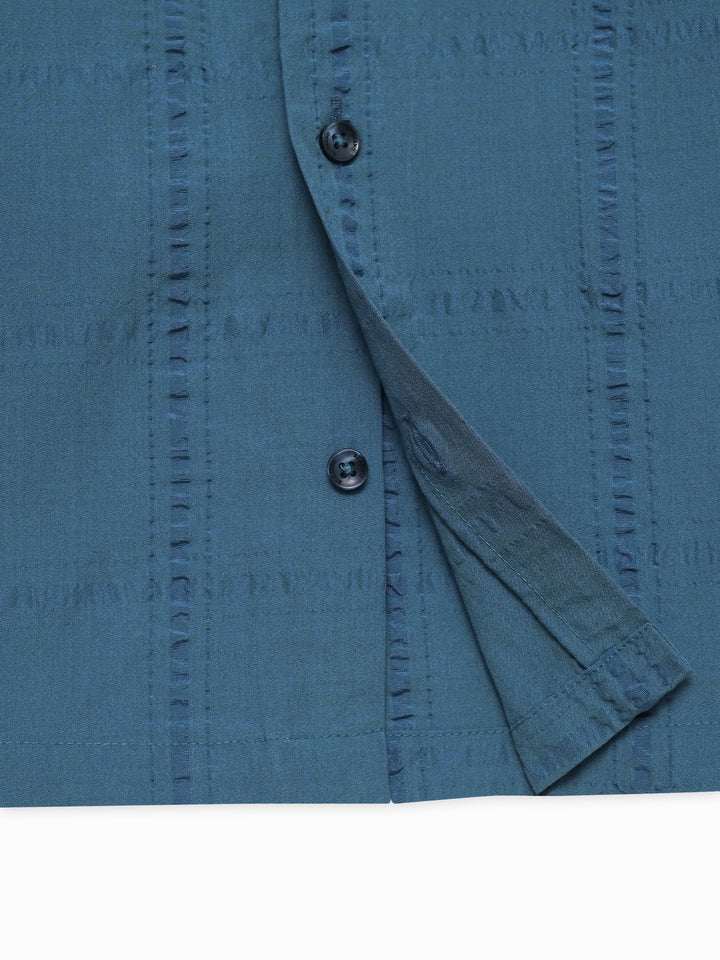 Teal Blue Seersucked Casual Cuban Collar Shirt - Junior
