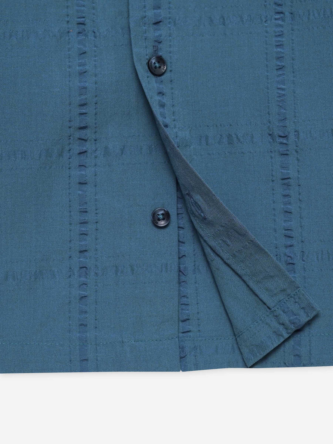 Teal Blue Seersucked Casual Cuban Collar Shirt - Junior