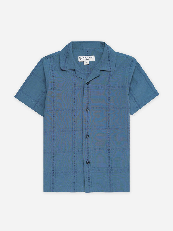 Teal Blue Seersucked Casual Cuban Collar Shirt - Junior