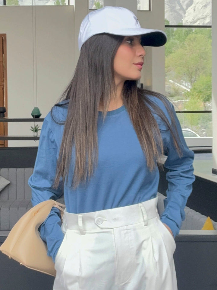 Teal Blue Long Sleeve Crew Neck T-Shirt - Women