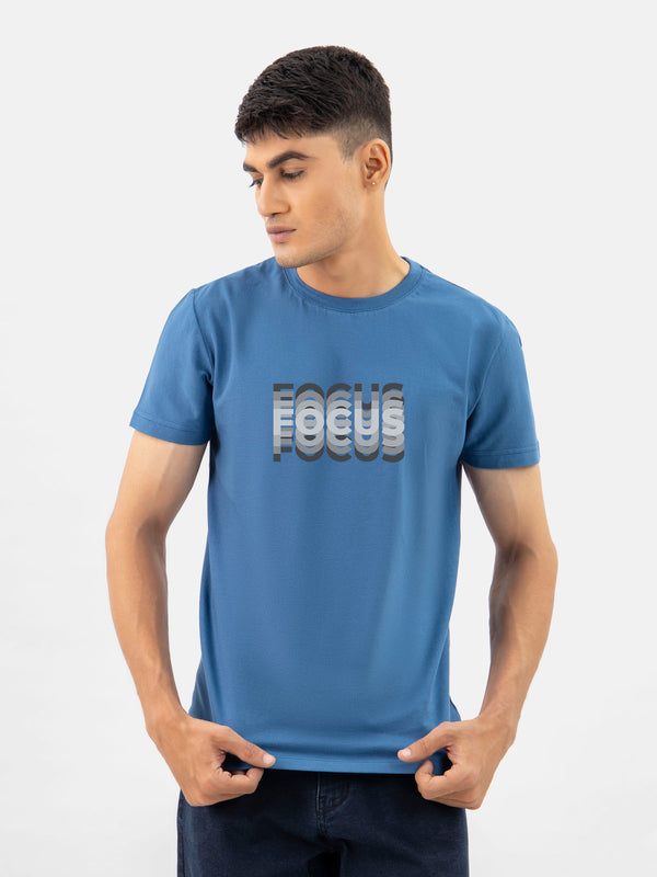 Teal Blue 'Focus' Printed Crew Neck T-Shirt