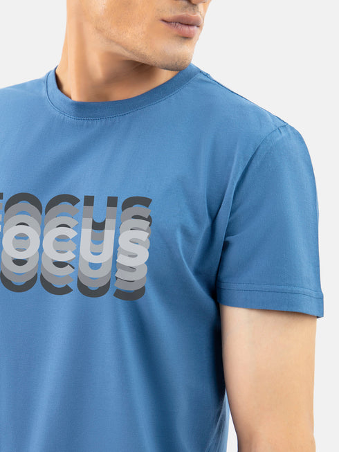 Teal Blue 'Focus' Printed Crew Neck T-Shirt