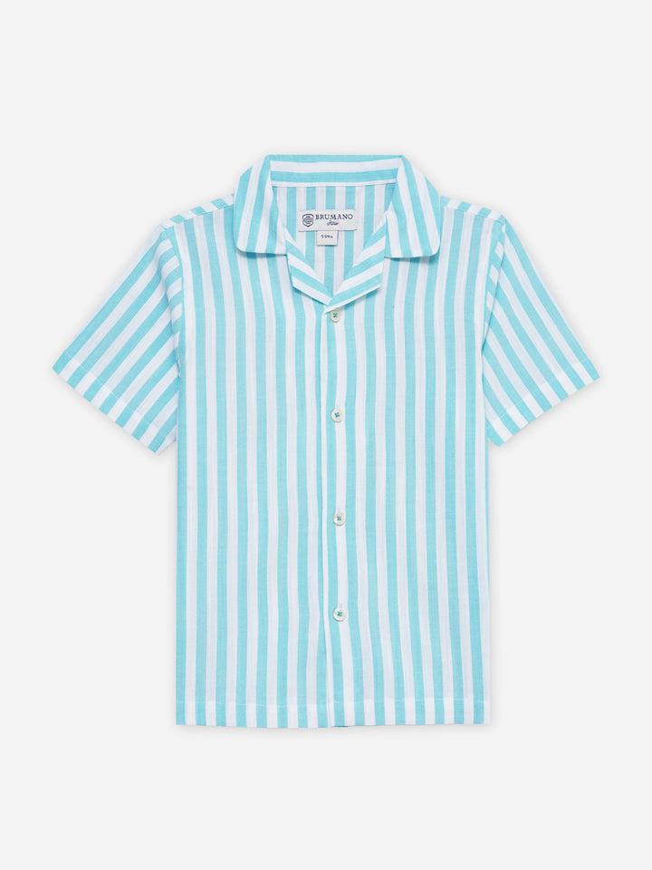 Turquoise Blue Striped Cuban Collar Shirt - Junior