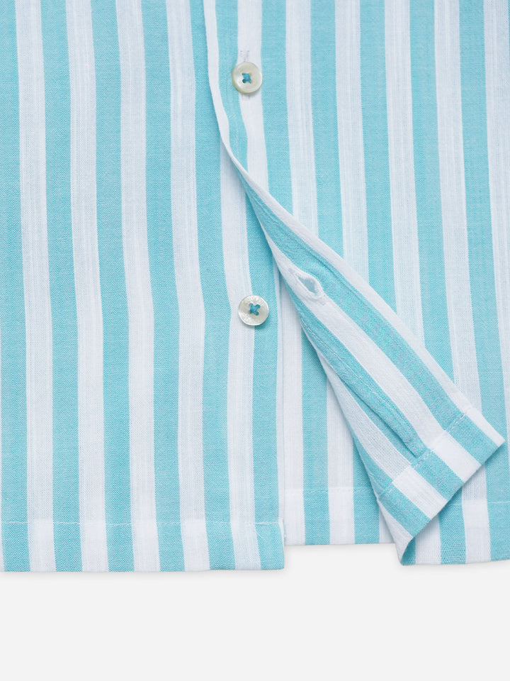 Turquoise Blue Striped Cuban Collar Shirt - Junior