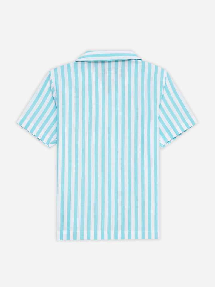 Turquoise Blue Striped Cuban Collar Shirt - Junior