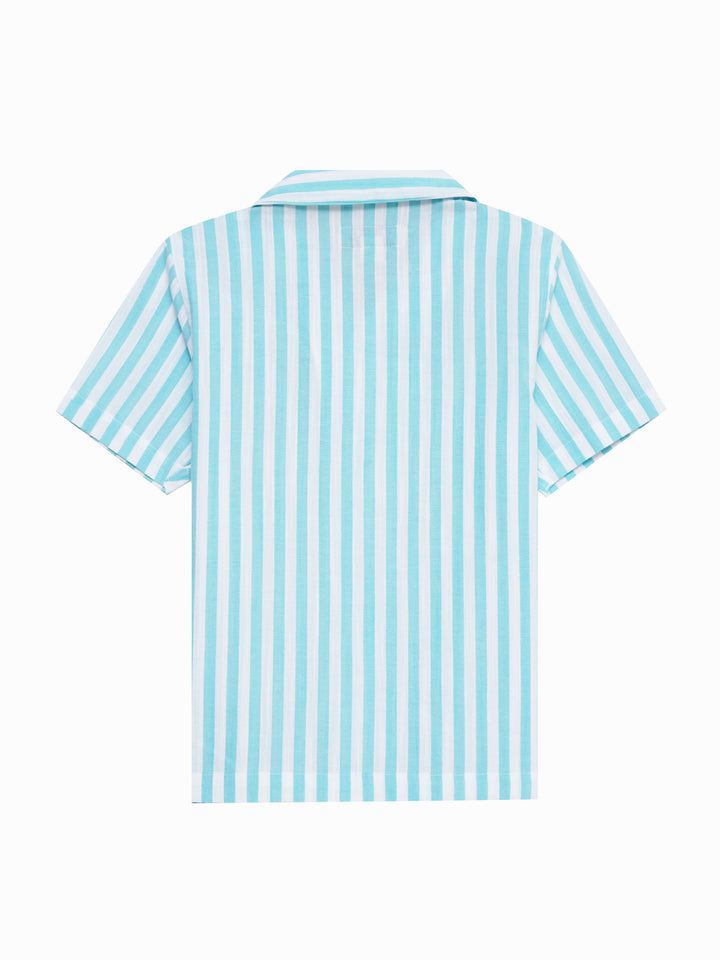 Turquoise Blue Striped Cuban Collar Shirt - Junior