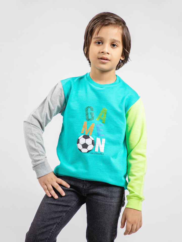 Turquoise Contrasting Sleeves Sweatshirt With 'Game On' Print Brumano Pakistan