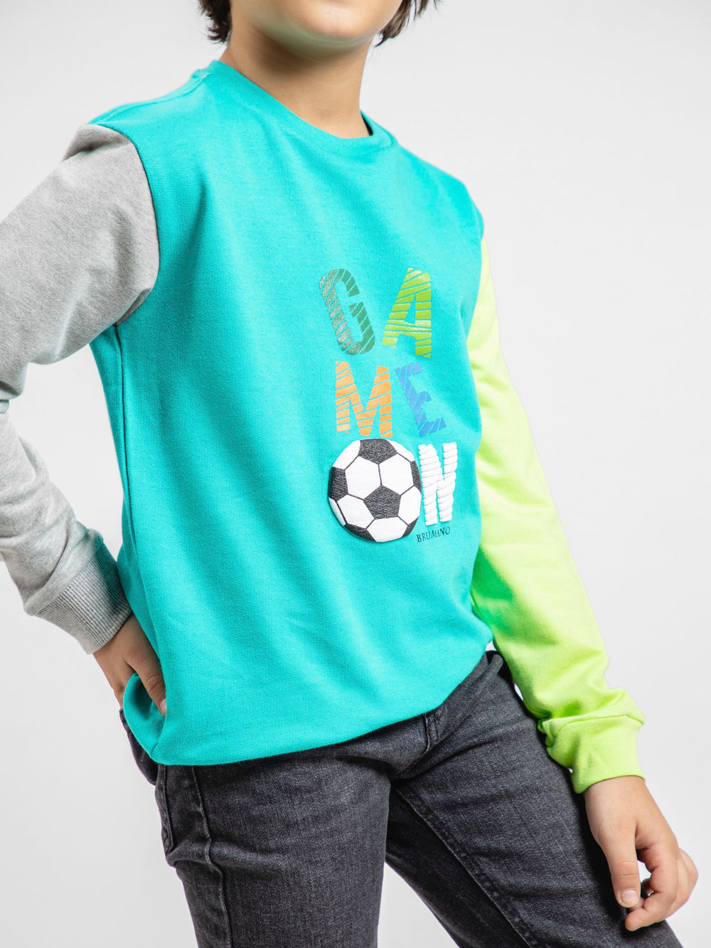 Turquoise Contrasting Sleeves Sweatshirt With 'Game On' Print