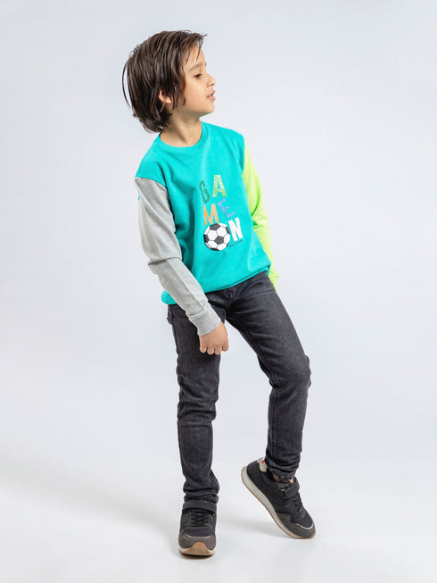 Turquoise Contrasting Sleeves Sweatshirt With 'Game On' Print Brumano Pakistan